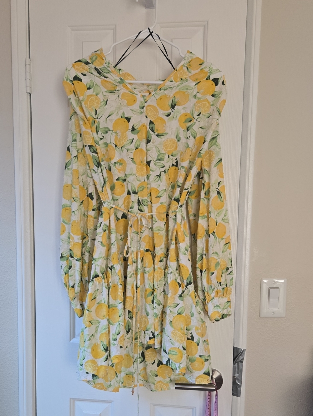 H&M  Balloon Sleeve Cinched Waist Lemon Print Mini Dress- Medium